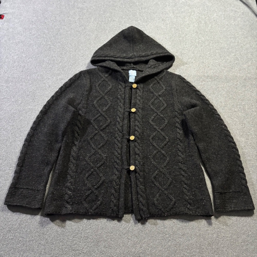 Frost Cardigan Women Medium Charcoal Grey Lambs Wool Hooded Cable Knit Sweater
